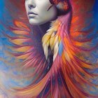 Surreal portrait of woman with vibrant bird plumage against cosmic backdrop