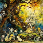 Forest scene illustration with tree, creatures, central figure, and foxes in warm light