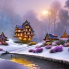 Whimsical multi-level building in snowy fantasy scene