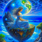 Woman with floral adornment on floating island under night sky with moon, ocean, and cliffs