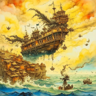 Fantastical flying ships over tumultuous seas and golden clouds.