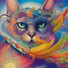 Colorful Cosmic Cat with Green Eyes and Feathers in Digital Art