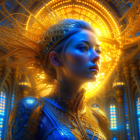 Futuristic woman in blue armor with golden details on honeycomb backdrop