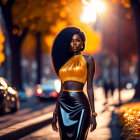 Confident woman with afro hairstyle in gold top and black skirt on sunlit autumn street