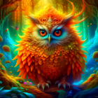 Colorful Digital Artwork: Mystical Orange Owl in Enchanted Forest