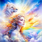 Woman and lion merge in vibrant sky with birds and clouds