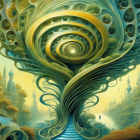 Colorful Psychedelic Art with Swirls and Spirals in Gold, Blue, and Green