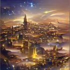 Twilight cityscape with ornate buildings and starry sky