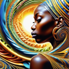 Vibrant digital illustration of dark-skinned woman in abstract colorful background