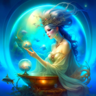 Fantasy illustration of elegant woman with glowing orb in mystical setting