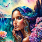 Colorful digital artwork featuring a woman with nature elements and a butterfly