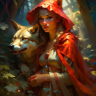 Woman in red hood with wolf in sunlit forest - fairy tale ambiance