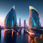 Futuristic twilight cityscape with curved skyscrapers and bridges over water