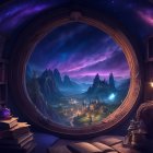 Circular window frames fantastical landscape with mountains and magical artifacts.