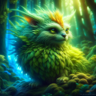 Feline-dragon hybrid with green scales and yellow-orange fur in enchanted forest