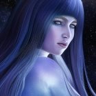 Blue-haired female in cosmic dress with stars and nebulae.