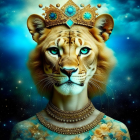 Majestic lion with blue eyes in crown and necklace on starry backdrop