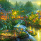 Tranquil fairy-tale village at twilight with rustic cabins and glowing lanterns