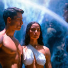 Man with tattoos and woman in white top in mystical blue-lit cavern