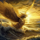 Golden-winged angelic figure hovers over sea at sunset with radiant clouds.