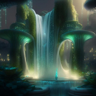 Fantasy forest at night with bioluminescent mushrooms and waterfall.