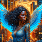 Fantasy-themed digital art: Woman with blue wings and afro hair in vibrant colors against cityscape