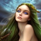 Fantastical digital artwork: Female figure with green hair, blue eyes, golden headpiece, under