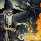 Wizard with staff and cauldron, shadowy figure in forest background.