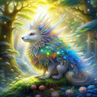 Winged fox-like creature in sunlit forest with flowers