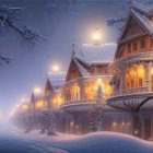 Snow-covered ornate buildings in whimsical winter night scene