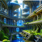 Futuristic cityscape with organic-shaped buildings, greenery, and waterways