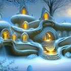 Snow-covered fantasy cottages in enchanting winter scene with glowing windows and illuminated staircase at twilight