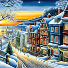 Winter village scene with snow-covered houses and trees at twilight