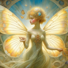 Ethereal fairy with yellow wings and flower crown in ornate background