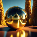 Golden sphere with intricate designs in golden tree forest at sunrise/sunset