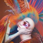 Surreal image of woman with vibrant feathers cradling majestic phoenix