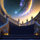 Ornate Staircase Ascending in Starry Sky with Galaxy and Silhouetted Pine