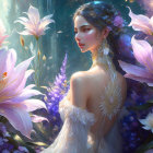 Woman adorned with flowers among blooming lilies in mystical garden.