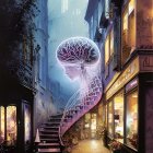 Giant neon jellyfish in surreal alleyway at dusk