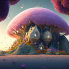 Fantasy Mushroom House Illustration in Enchanting Landscape