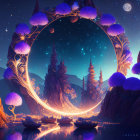 Mystical arch with purple foliage in vibrant fantasy landscape