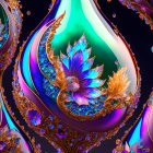 Colorful Digital Artwork: Iridescent Tear-Shaped Objects with Gold and Blue Floral Patterns