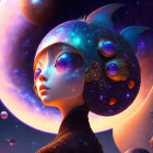 Surreal image of woman with cosmic headdress and celestial backdrop