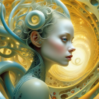 Ethereal artwork of female figure with golden swirls and jewelry