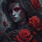 Dark Fantasy Illustration: Gray-skinned figure with red face paint among lush red roses