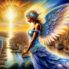 Golden-winged angel with divine aura overlooking city skyline at sunset