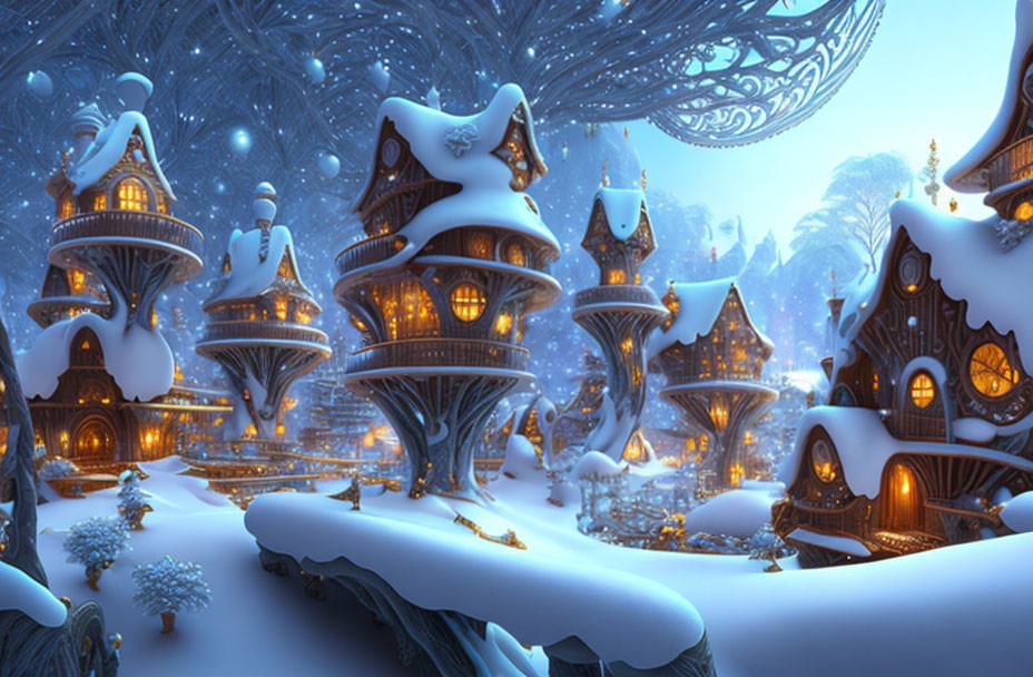 Snow-covered winter village with glowing windows and frosty trees under starry sky