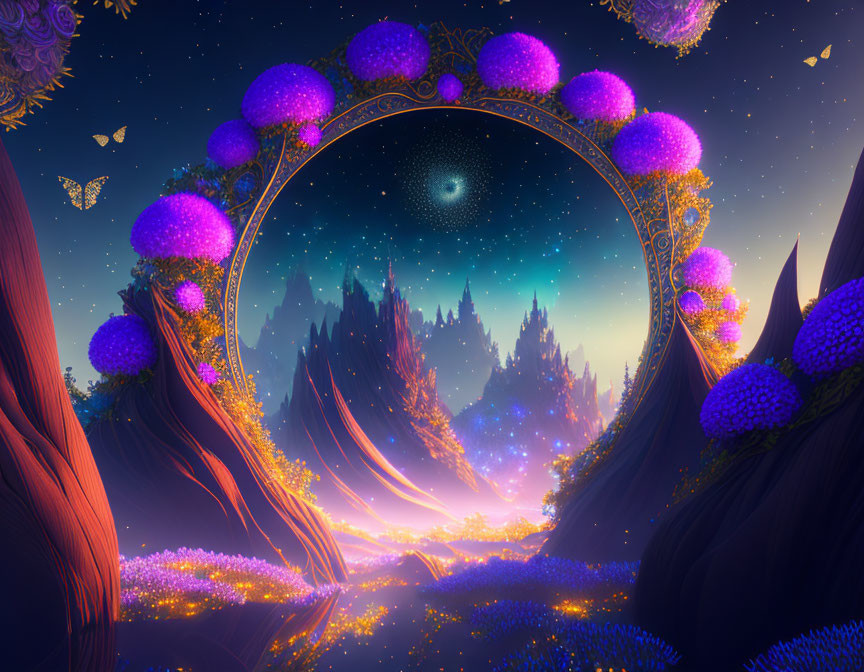 Mystical arch with purple foliage in vibrant fantasy landscape