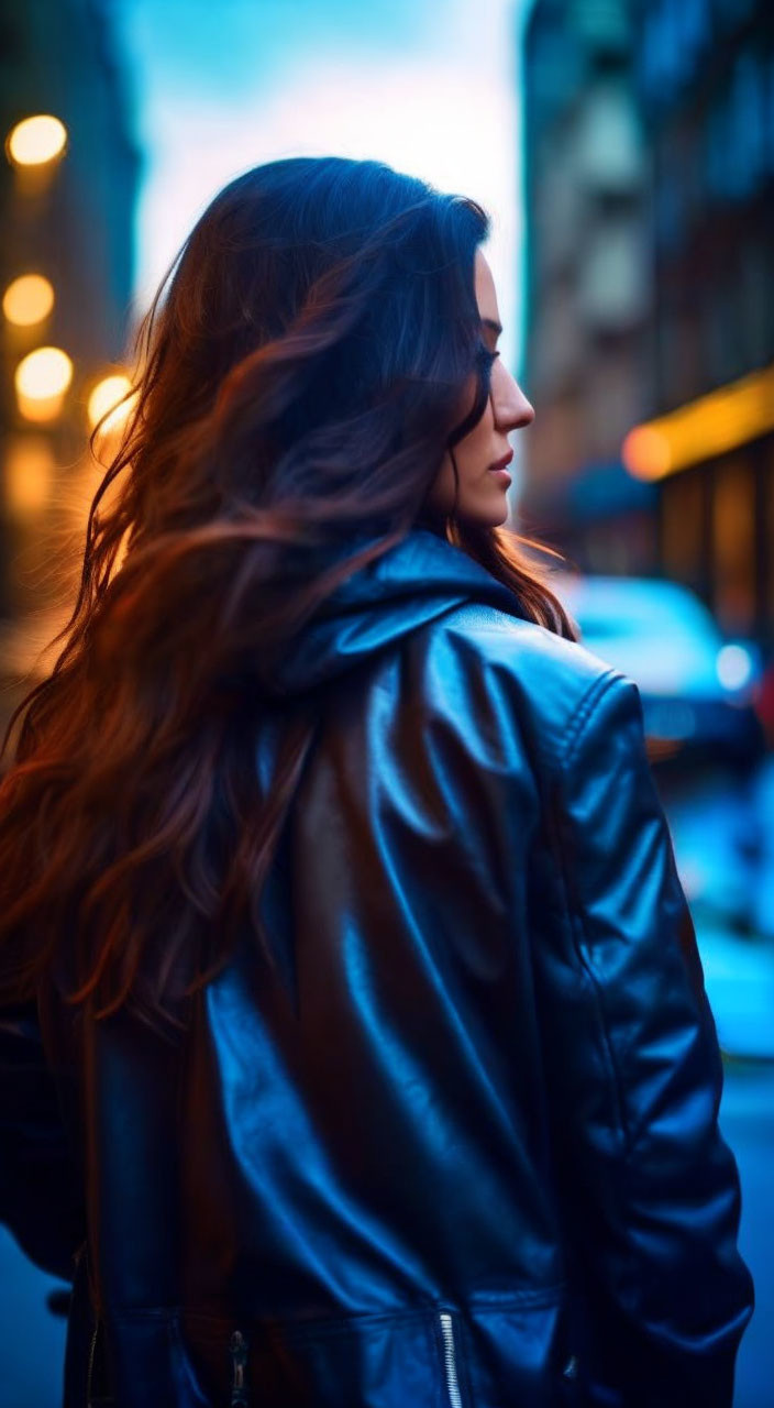 Woman with flowing hair in leather jacket on city street at dusk with blue street lights