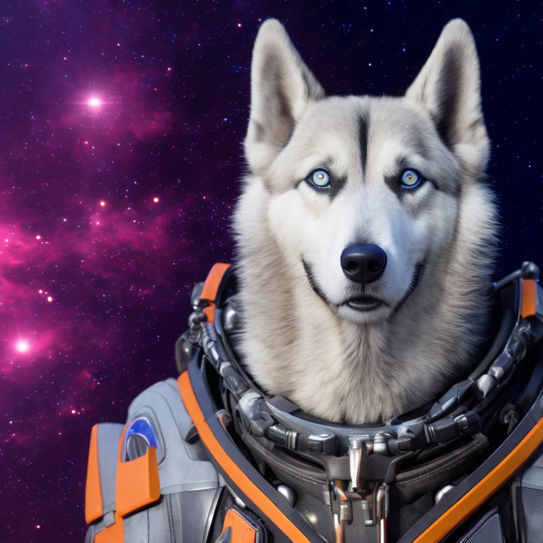 Husky with Heterochromia in Orange and Grey Spacesuit